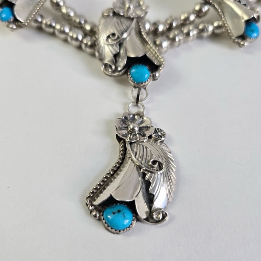 Sterling Silver 925 and Turquoise Floral Squash Blossom Necklace - Picture 11 of 16
